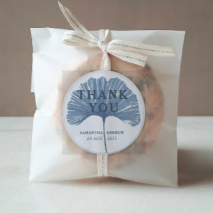 Sticker Rond Cadeau de Mariage Feuille de Ginkgo Bleu et Blanc