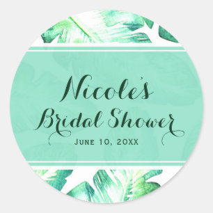 Sticker Rond Cadeau de mariage Feuilles Tropicales Beachy Blanc