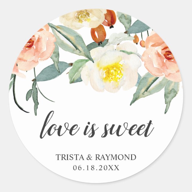 Sticker Rond Cadeau de mariage Fleur de Pêche Florale L'Amour e (Devant)