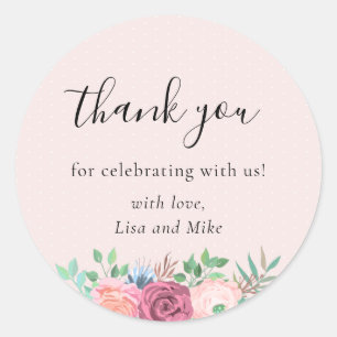 Sticker Rond Cadeau de mariage floral rustique Merci Rose rose