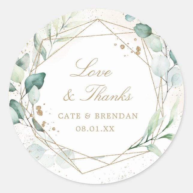 Sticker Rond Cadeau de mariage géométrique doré à verdure d'euc (Devant)