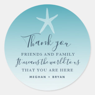 Sticker Rond Cadeau de Mariage Merci Étoile de Mer Ombré de Pla