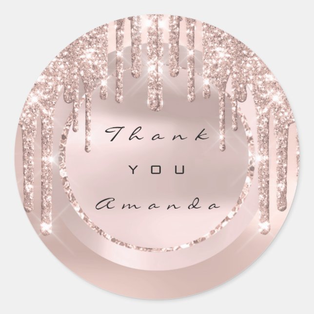 Sticker Rond Cadeau de Mariage Merci Nom Drips Rose Paillettes (Devant)