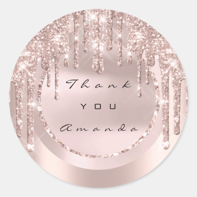 Sticker Rond Cadeau de Mariage Merci Nom Drips Rose Paillettes (Devant)