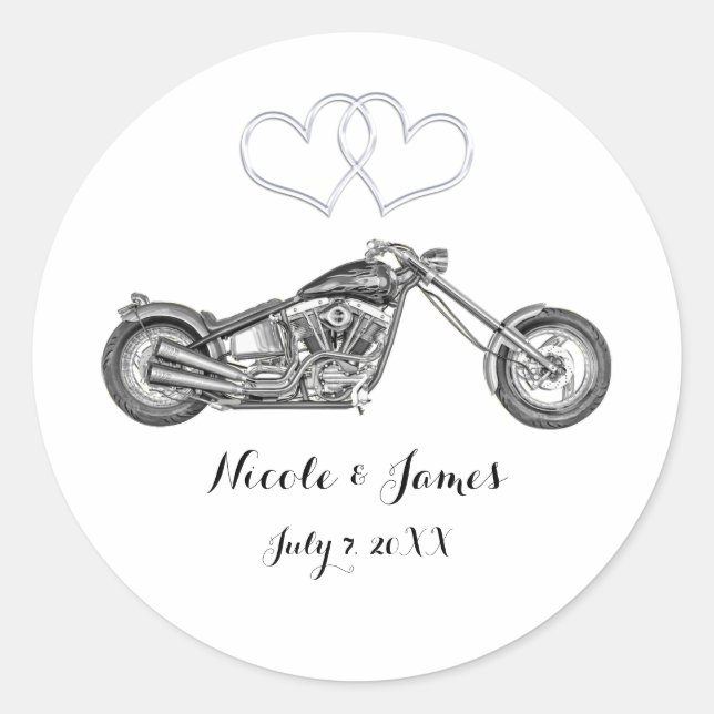 Sticker Rond Cadeau de mariage motard pour moto et coeurs argen (Devant)