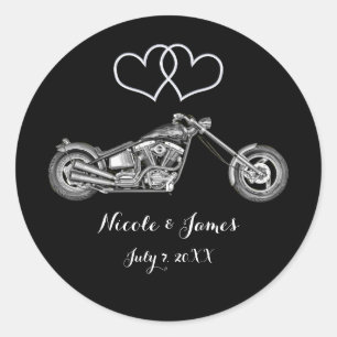 Sticker Rond Cadeau de mariage motard pour moto et coeurs argen