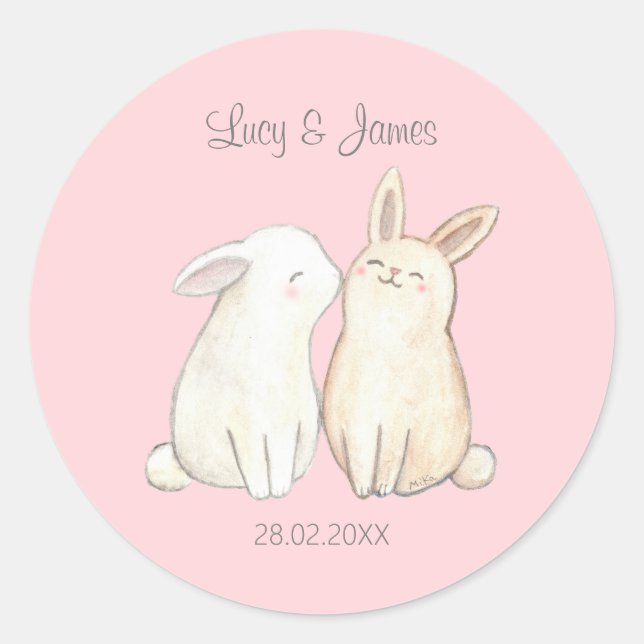 Sticker Rond Cadeau de mariage original couple de lapins mignon (Devant)