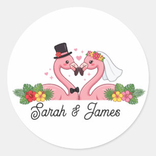 Sticker Rond Cadeau de mariage personnalisé de flamant rose pou