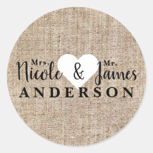 Sticker Rond Cadeau de mariage personnalisé en toile de jute ru