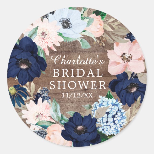 Sticker Rond Cadeau de Mariage Rustique Navy & Blush Floral (Devant)