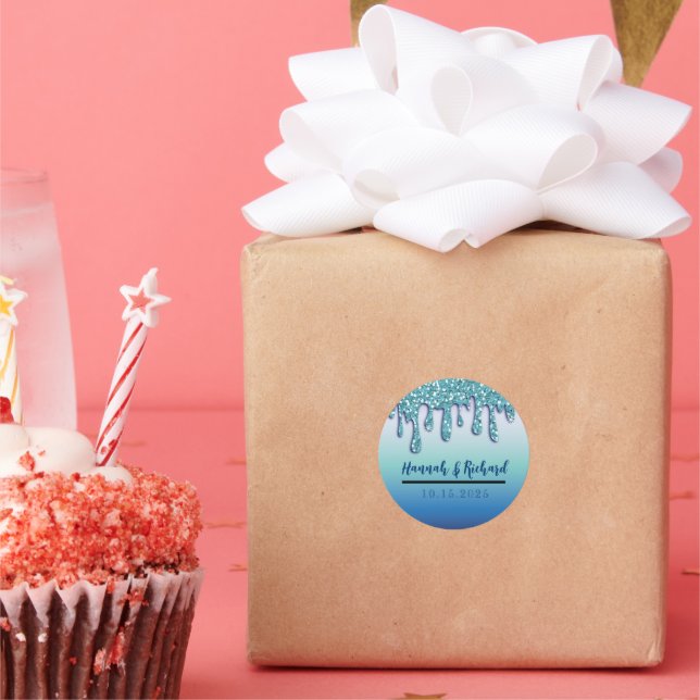 Sticker Rond Cadeau de mariage scintillant bleu aqua à gouttele (Fête)