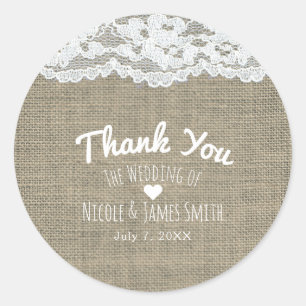 Sticker Rond Cadeau de mariage simple rustique élégant Burlap &