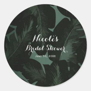 Sticker Rond Cadeau de mariage Vert & Noir Chic Feuilles Tropic