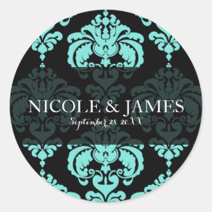 Sticker Rond Cadeau de mariage vintage damassé sarcelle aqua no