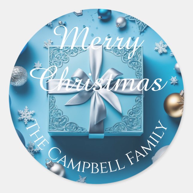 Sticker Rond Cadeau de Noël bleu glace et argent  (Devant)