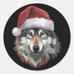 Sticker Rond Cadeau de Noël drôle de loup Noël Amoureux des ani