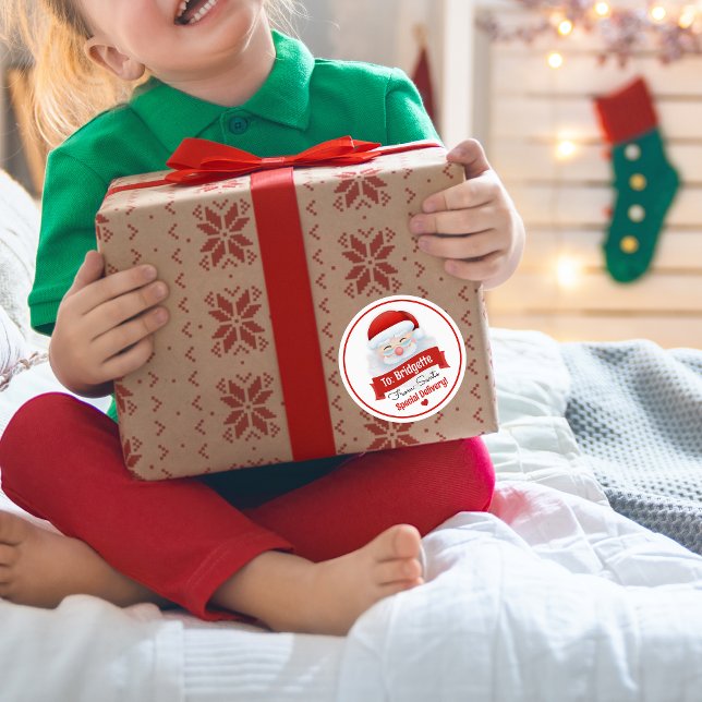 Sticker Rond Cadeau de Noël du Père Noël Rouge mignon (personalized special delivery tags from santa kris kringle for santa's helper elves gift ideas)