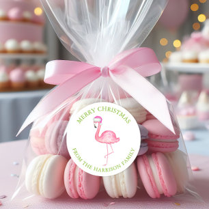 Sticker Rond Cadeau de Noël Flamant Rose Aquarelle
