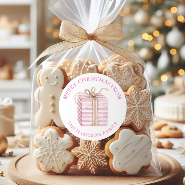 Sticker Rond Cadeau de Noël Rose Aquarelle (Créateur téléchargé)