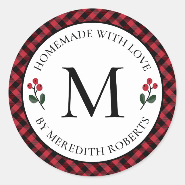 Sticker Rond Cadeau de Noël Rouge Buffalo Plaid Monogramme (Devant)