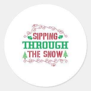 Sticker Rond Cadeau de Noël Sipping À Travers La Neige