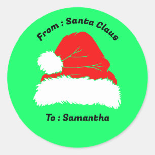 Sticker Rond Cadeau de Noël vert néon du Père Noël