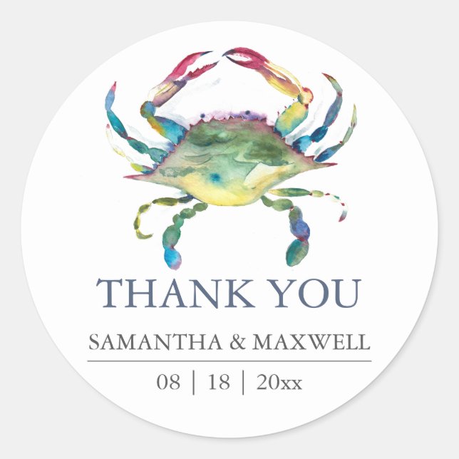 Sticker Rond Cadeau de remerciement crabe bleu pour mariage sur (Devant)