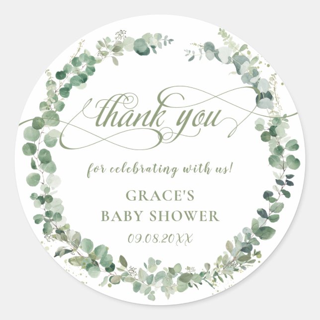 Sticker Rond Cadeau de remerciement pour Baby Shower Eucalyptus (Devant)