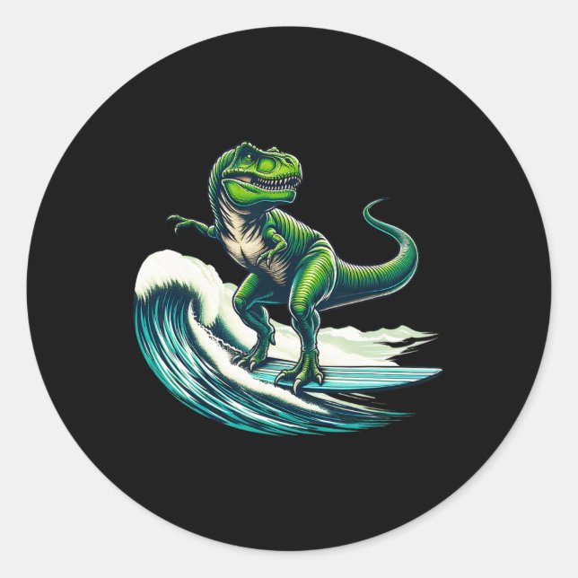 Sticker Rond Cadeau de T-rex dinosaure surfant surfeur planche  (Devant)