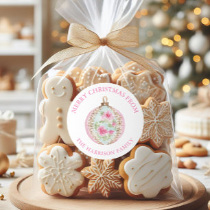 Sticker Rond Cadeau d'ornement de Noël rose à l'aquarelle