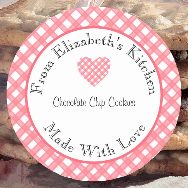 Sticker Rond Cadeau fait maison avec amour Gingham rouge (Créateur téléchargé)