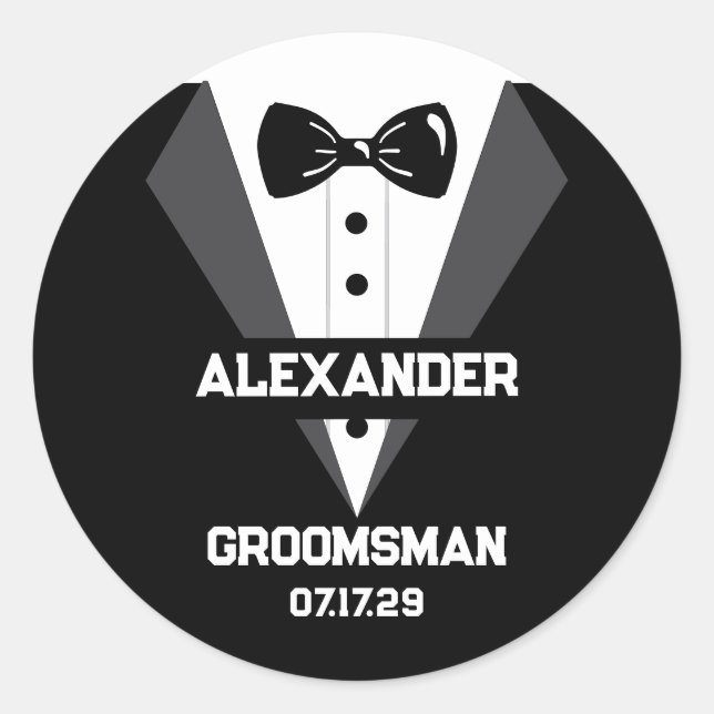 Sticker Rond Cadeau Groomsman avec nom personnalisé et date du  (Devant)