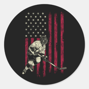 Sticker Rond Cadeau Hockey Vintage Drapeau Américain 4 Juillet