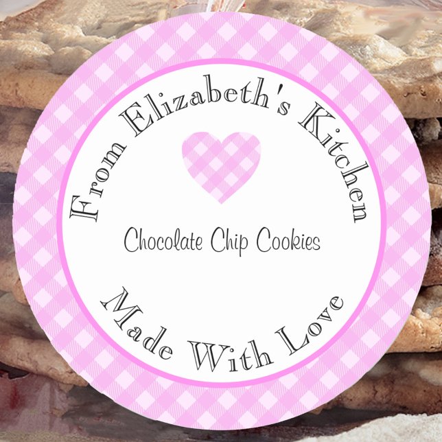 Sticker Rond Cadeau Maison Cuisiné Avec Amour Gingham Rose (Créateur téléchargé)