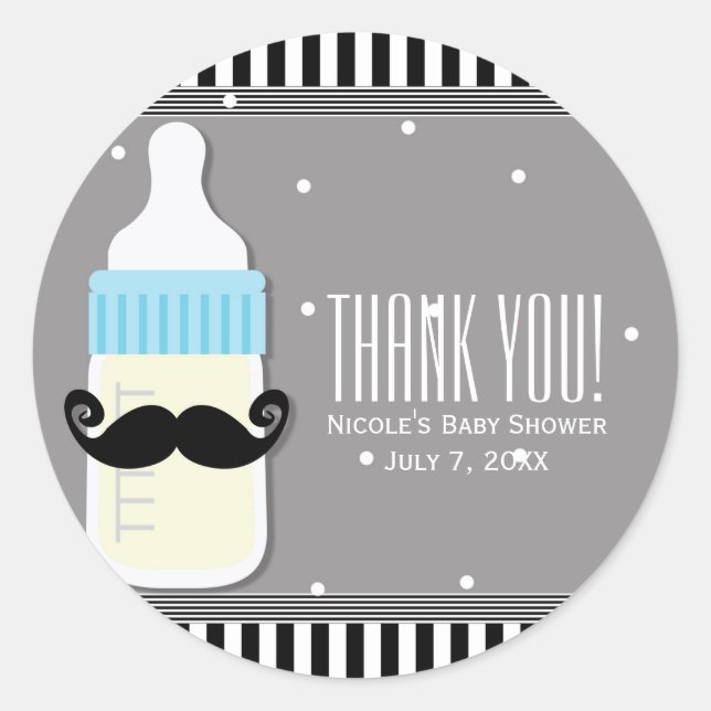 Sticker Rond Cadeau moderne moustache et bouteille pour Baby Sh (Devant)