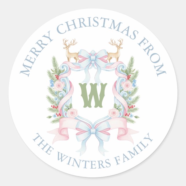 Sticker Rond Cadeau Monogram Crest Preppy Grandmillennial (Devant)