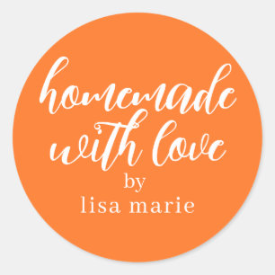 Sticker Rond Cadeau orange vif personnalisé fait avec amour