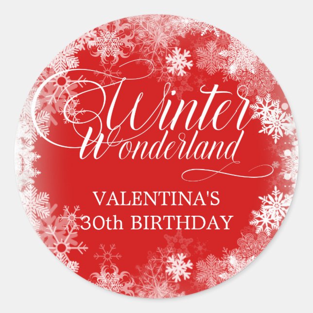 Sticker Rond Cadeau pour un anniversaire 30 ans, Noël en hiver, (Devant)