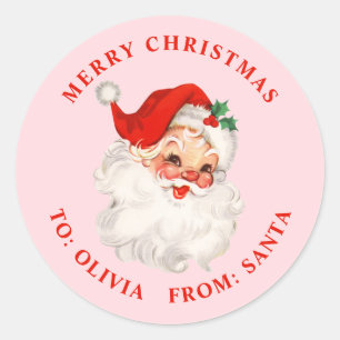 Sticker Rond Cadeau rose et rouge du Père Noël vintage
