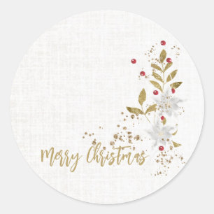 Sticker Rond Cadeau traditionnel blanc poinsettia et baies
