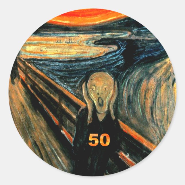 Sticker Rond Cadeaux 50e Anniversaire, Le cri 50! (Devant)