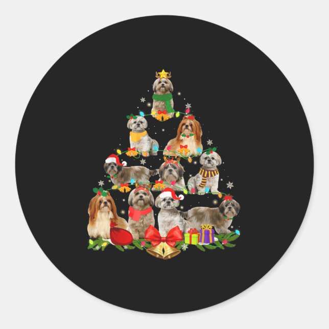 Sticker Rond cadeaux amoureux de les chiens shih tzu arbre Noël (Devant)