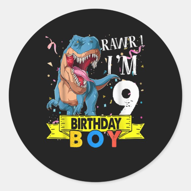 Sticker Rond Cadeaux de 9 ans 9e anniversaire garçon Rawr I'm 9 (Devant)