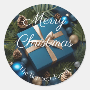 Sticker Rond Cadeaux de Noël au feuillage vert et bleu profond
