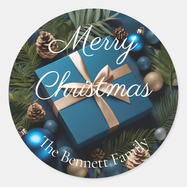 Sticker Rond Cadeaux de Noël au feuillage vert et bleu profond  (Devant)