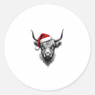 Sticker Rond Cadeaux de Noël Bébé Vache Highland Mignons Santa