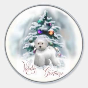 Sticker Rond Cadeaux de Noël Bichon Frise