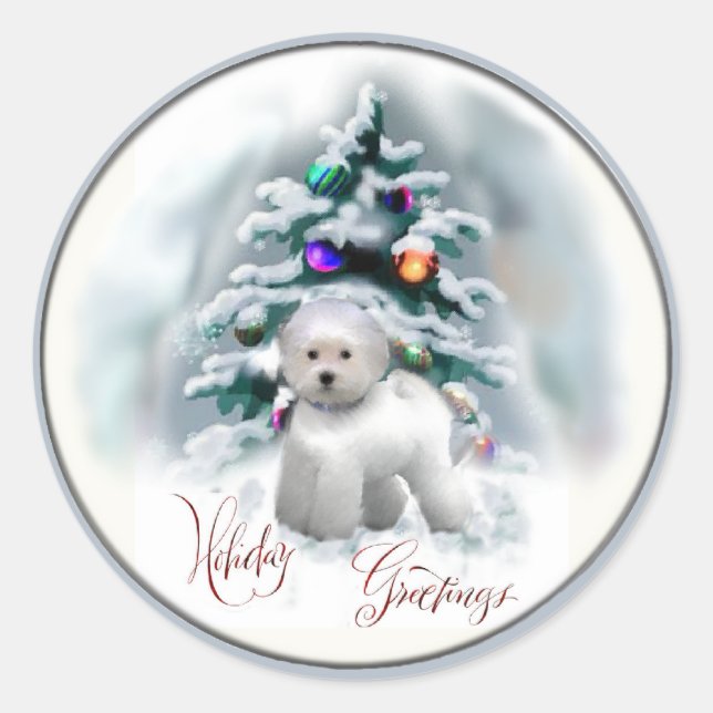 Sticker Rond Cadeaux de Noël Bichon Frise (Devant)