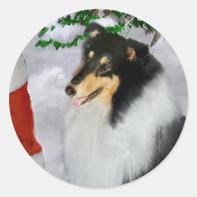Sticker Rond Cadeaux de Noël Collie Rosée Tri-Color (Devant)