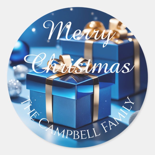 Sticker Rond Cadeaux de Noël emballés Bleu Glacé (Devant)